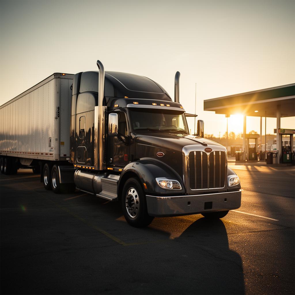 Premium American semi-truck on highway at golden hour